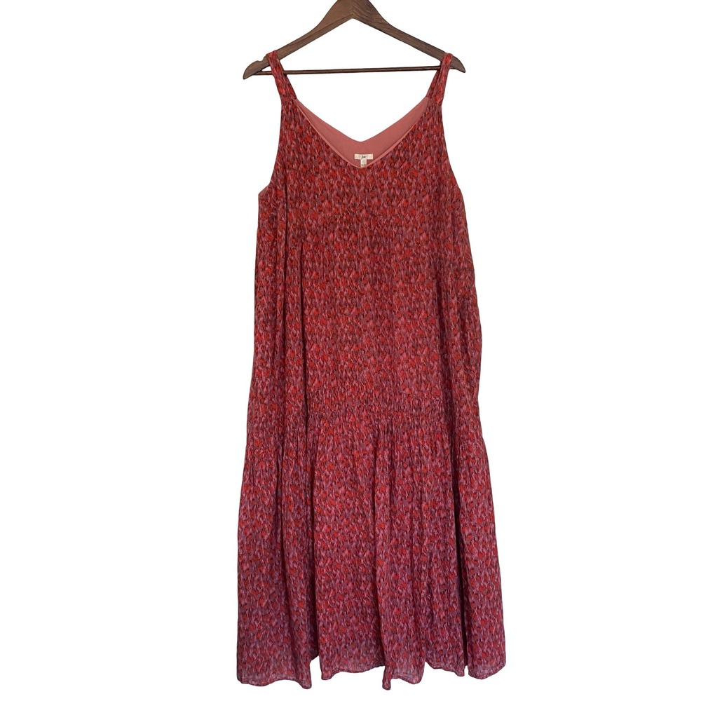 Joie Women Maxi Dress XXL Red Pink Cotton Tiered Sleeveless V-Neck Bohemian